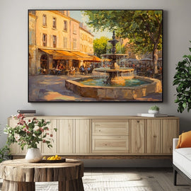 Painting of a Provençal village square with a tiered stone fountain and sunlit café terrace
