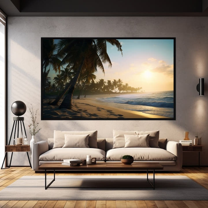 Tropical beach at sunset with leaning palm trees and golden sea