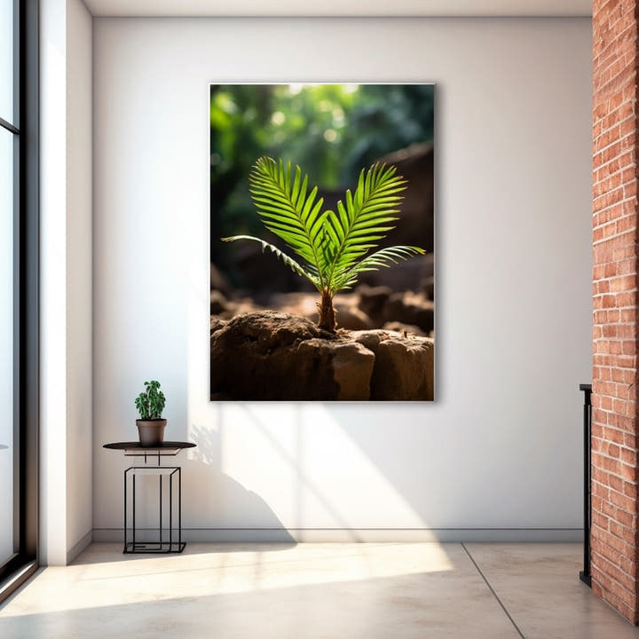 Young palm seedling with heart-shaped fronds backlit above rocky earth