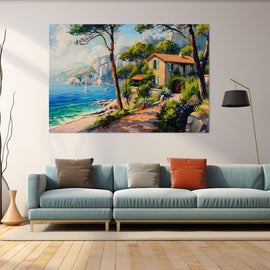 Mediterranean coastal villa landscape painting with pines and sailboats
