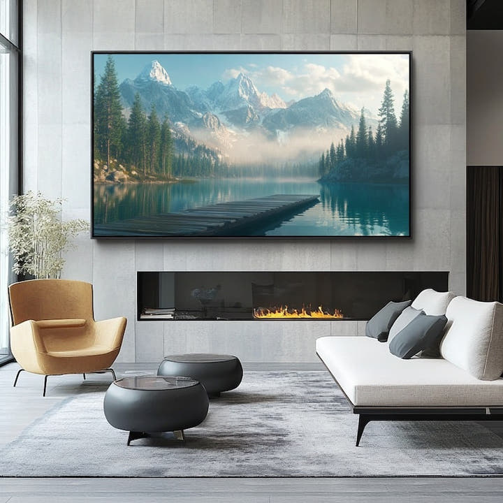 Alpine lake painting with snowy peaks and wooden pontoon