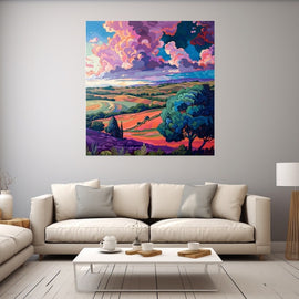 Pop Art landscape of striped fields under magenta clouds
