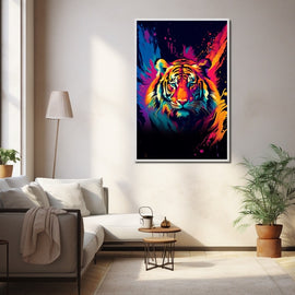 Pop-art tiger portrait in neon colours on black background