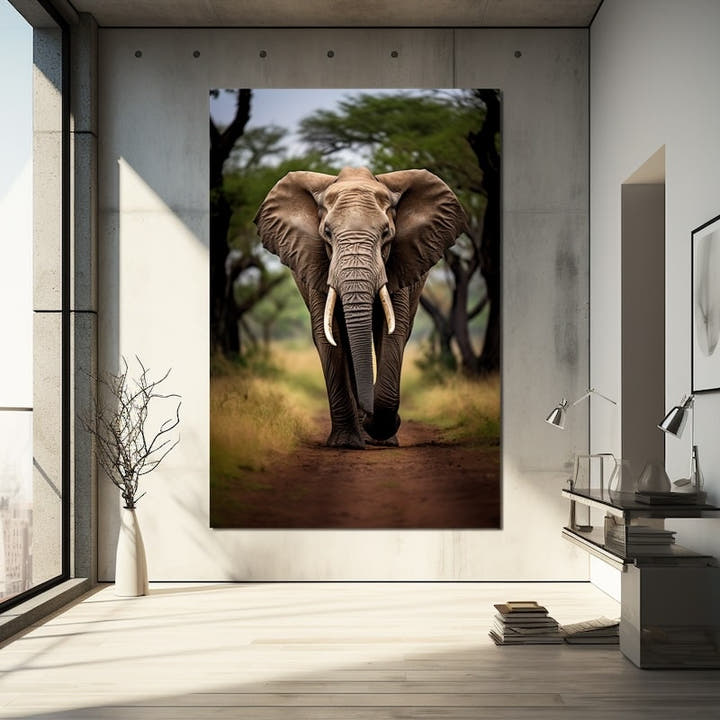 Elephant walking head-on down a bush trail between acacia trees