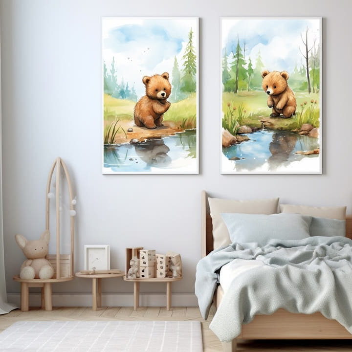Watercolour of a ginger bear cub by a woodland stream among spring conifers