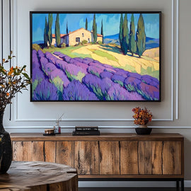 Fauvist Provence landscape with lavender rows, stone farmhouse and cypress trees