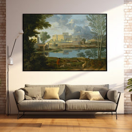 Old-master Italianate landscape with a lakeside palace, framing trees and a herder driving goats beneath blue mountains