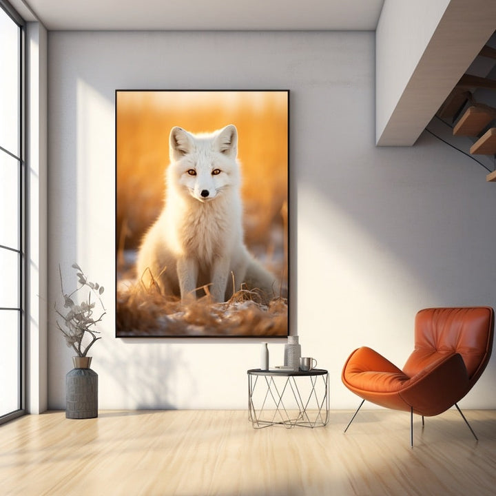 Young white fox sitting in golden winter grass