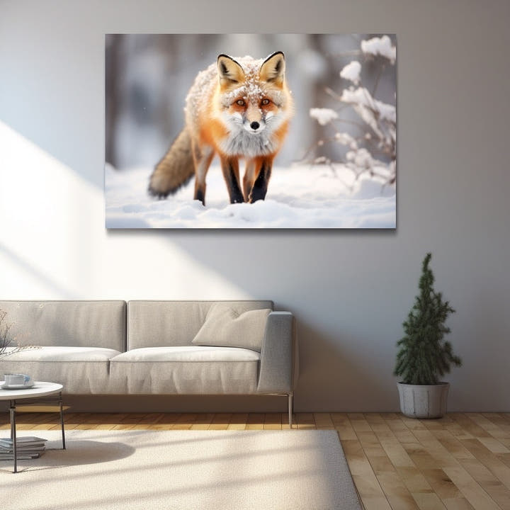 Red fox walking through fresh snow with a frost-dusted copper coat