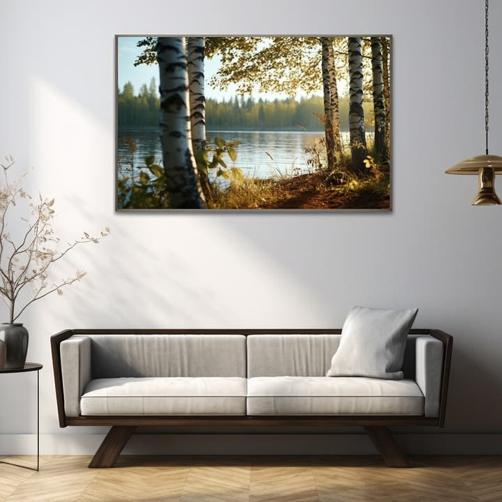 Photographic painting of birch trees by a calm lake at golden hour