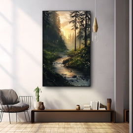 Painting of a forest stream cascading over rocks beneath a golden sunrise through pines