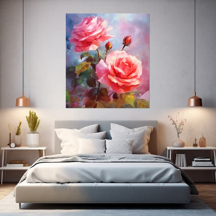 Soft oil painting of two pink and coral roses on a lilac haze