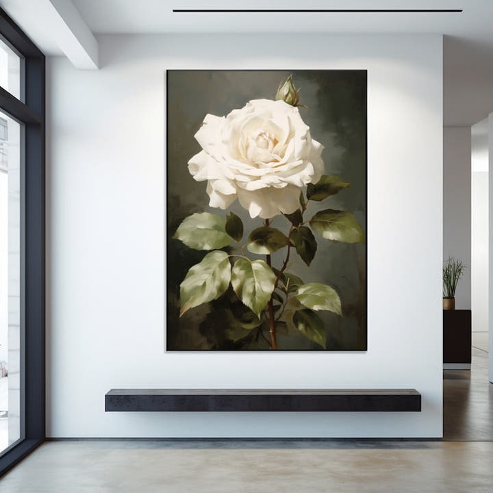 White rose painting against a deep green background