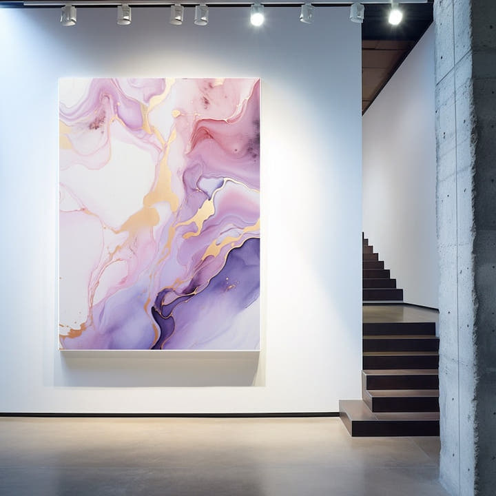 Abstract grey, pink and violet marble-effect art with rose gold veins