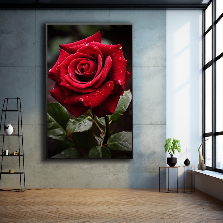 Deep crimson rose covered in dewdrops against a dark background