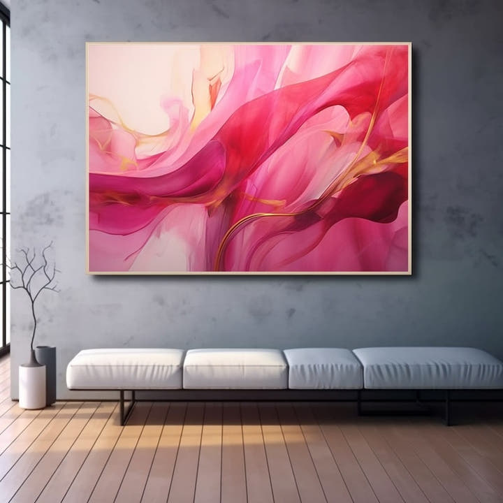 Abstract swirling pink and magenta forms threaded with rose gold ribbons