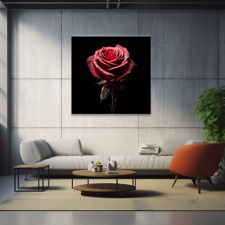 Red rose with dewdrops on a pure black background