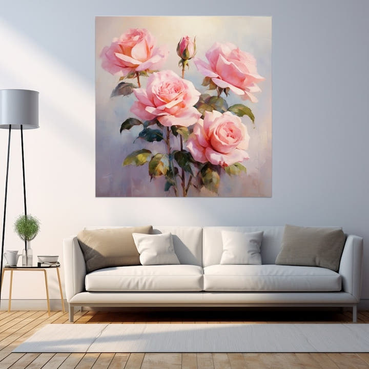 Oil painting of blush-pink vintage roses on a pale lilac background