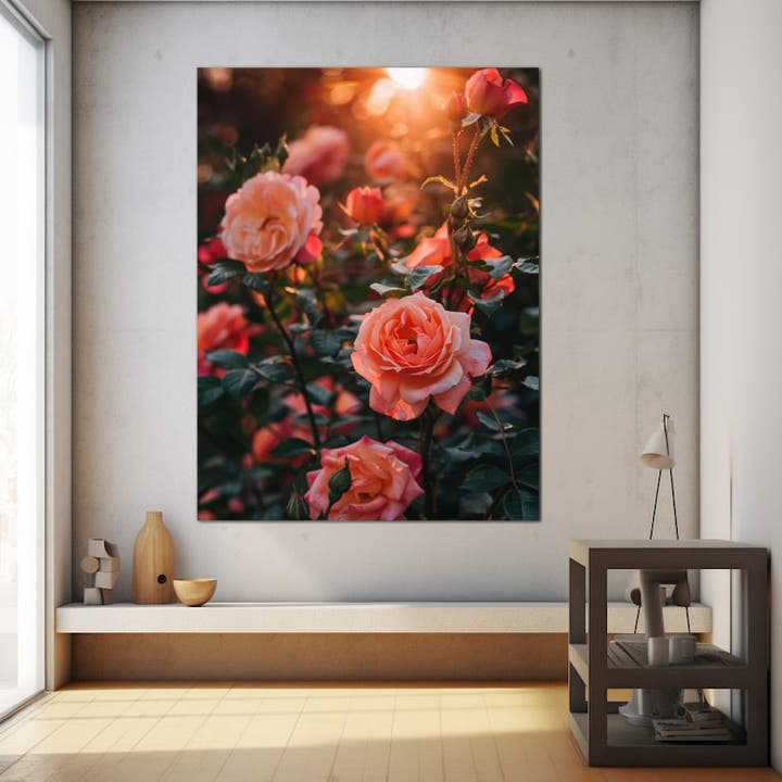 Peach and coral rose bush glowing in golden-hour garden light