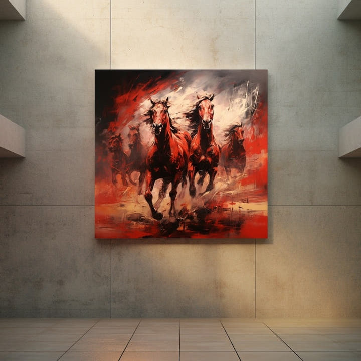Painting of a herd of wild horses galloping through fiery red and ember tones