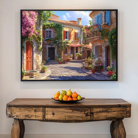 Painting of a sunlit Mediterranean village street with stone houses and bougainvillea