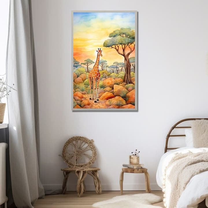 Watercolour savanna painting with a young giraffe beneath acacia trees at sunset