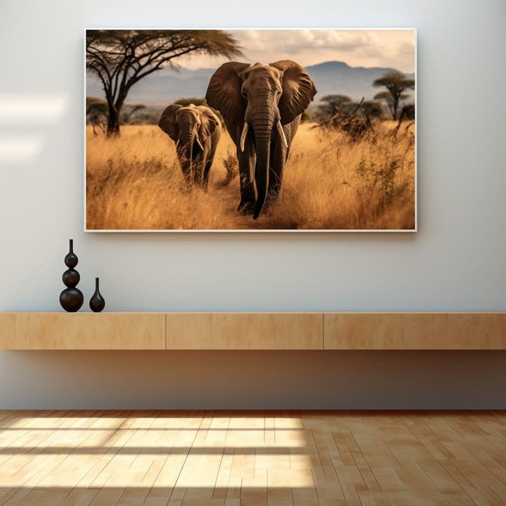 Two African elephants walking a savannah path beneath blue hills