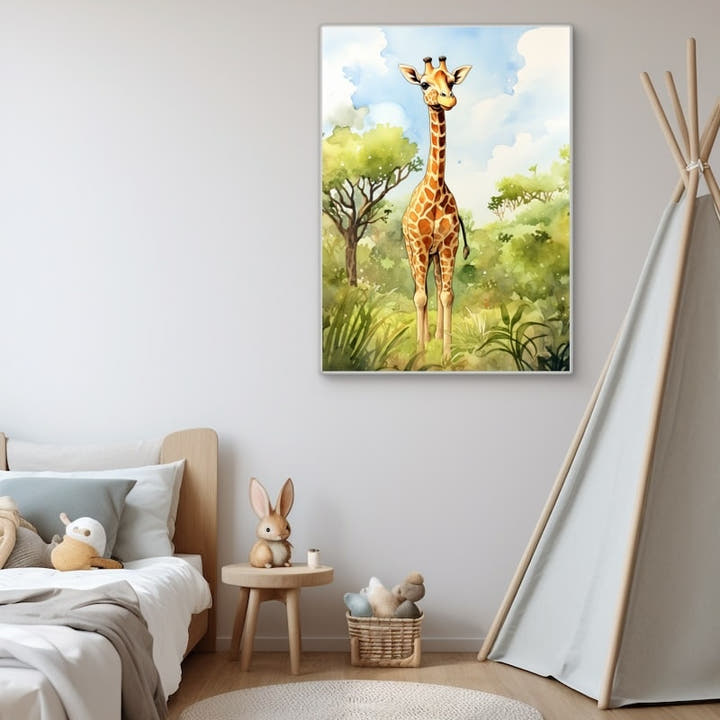 Watercolour smiling giraffe in a green savannah under a blue sky