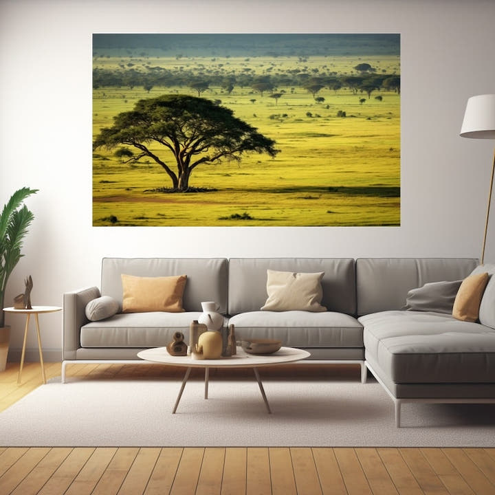 African savanna canvas, lone acacia tree on a vast green plain
