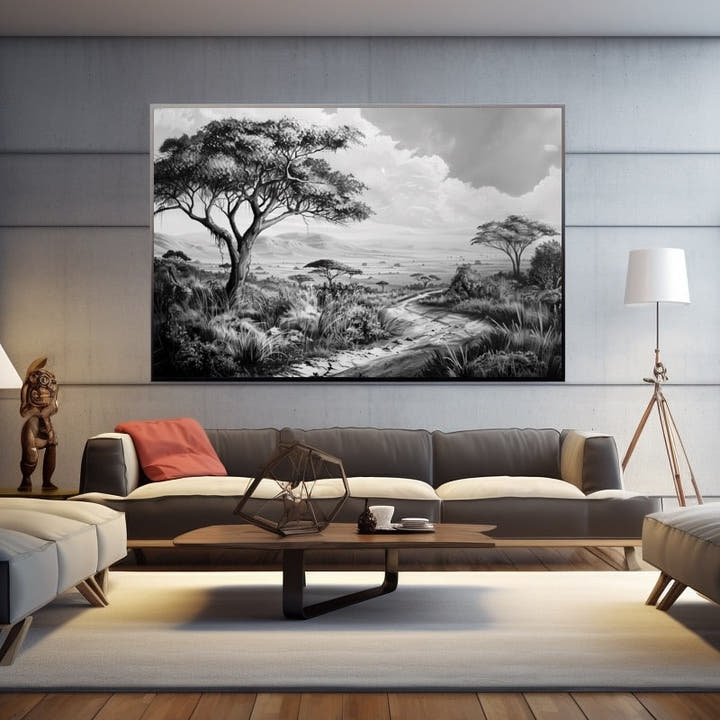 Hand-drawn black and white savannah with a grand acacia and a winding trail across the plains