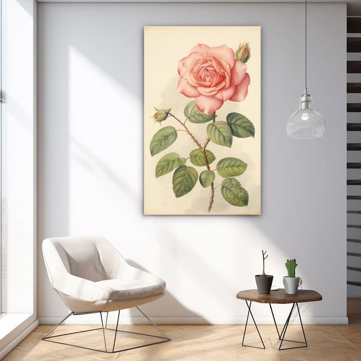 Vintage botanical painting of a single coral-pink rose with leaves