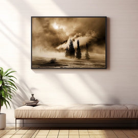Sepia landscape photograph of conifers in mountain mist with sun breaking through cloud