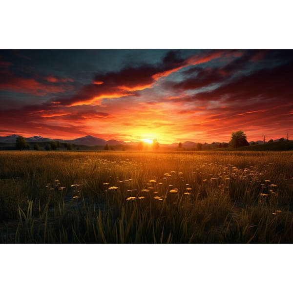 Flower Field Canvas Mountain and Sunset