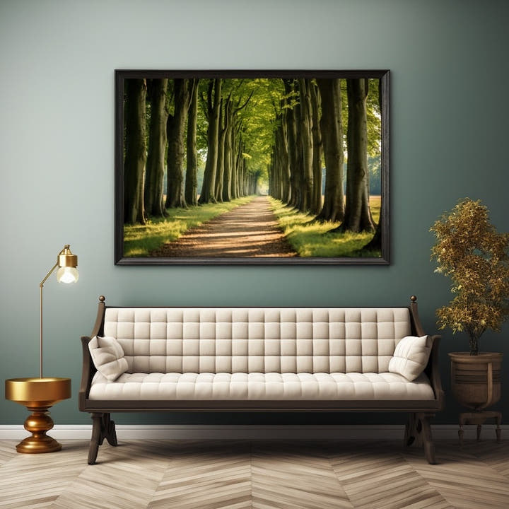 Sunlit path through an avenue of tall beech trees in summer
