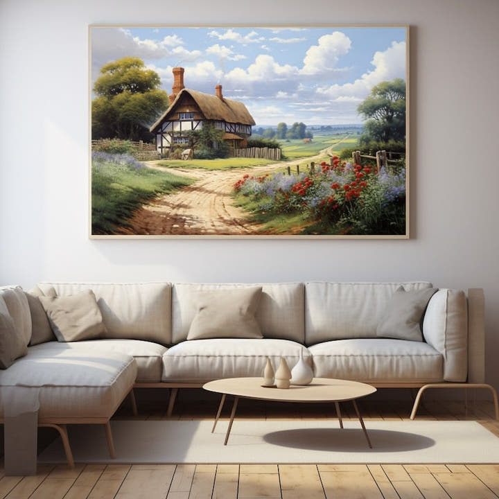 Painting of a thatched timbered cottage by a country lane with poppies and rolling green farmland