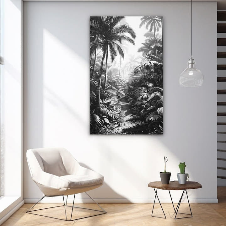 Tall black-and-white jungle scene with towering palms, monstera and ferns