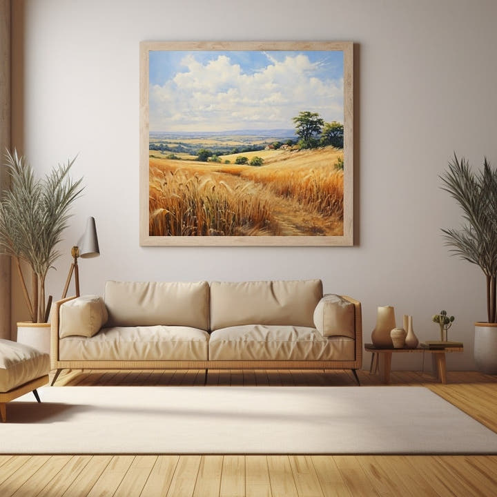 Vintage countryside landscape painting of golden wheat fields and rolling green hills