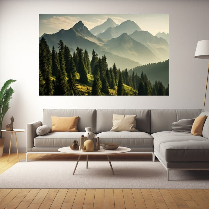 Misty mountain landscape with dense pine forest and hazy ridges
