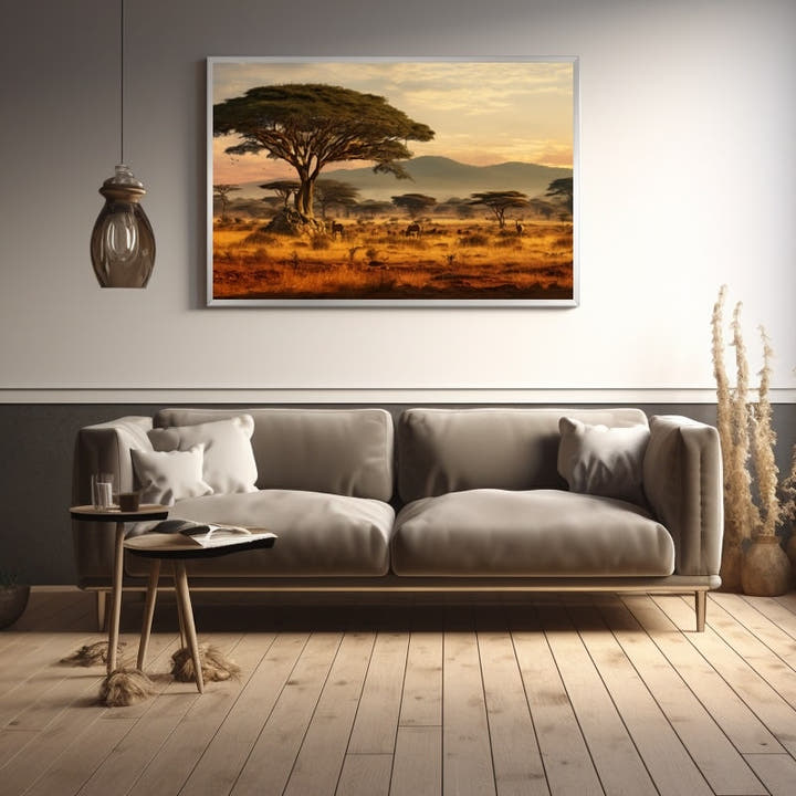 Painting of an African savanna at dusk with acacia trees and distant hills