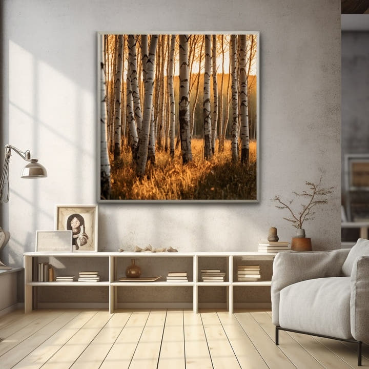 Birch grove in golden autumn backlight with silvery trunks and amber grasses