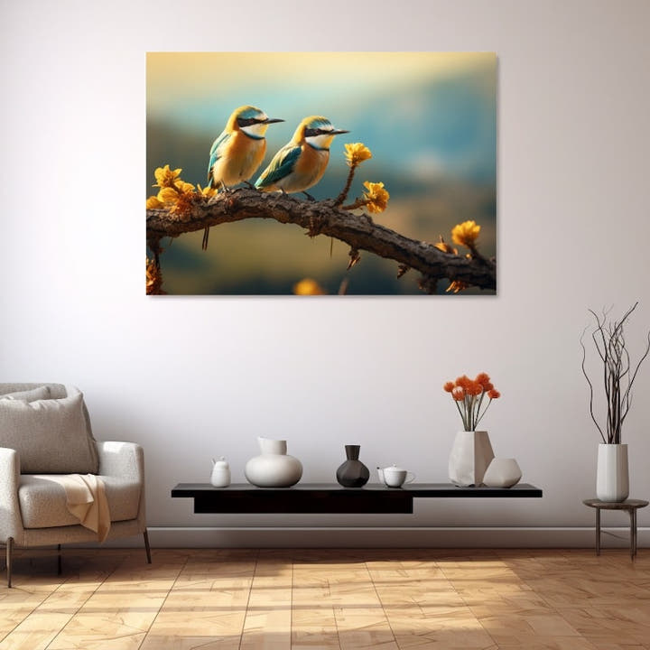 Two golden and turquoise bee-eaters perched on a lichen-covered branch with yellow flowers