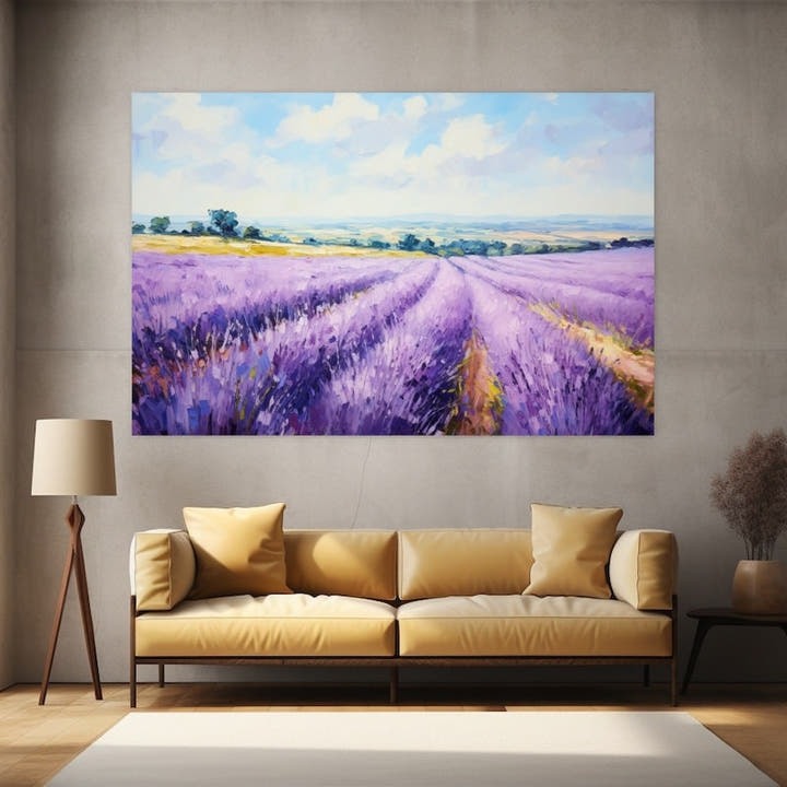 Impressionist lavender field with rolling hills under a cloudy sky