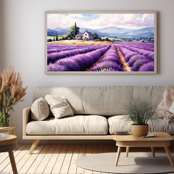 Watercolour painting of a Provence lavender field leading to a stone farmhouse