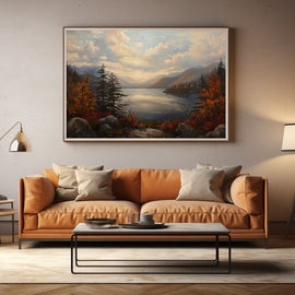 Traditional landscape of a still mountain lake framed by autumn trees