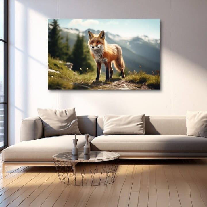 Red fox standing on a sunlit grassy mountain ridge before snowy peaks