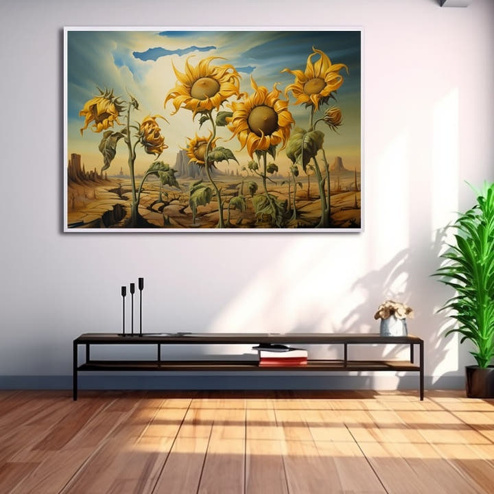 Surreal sunflowers towering over a cracked desert plain