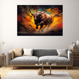 Abstract charging bull painting in fiery orange and gold
