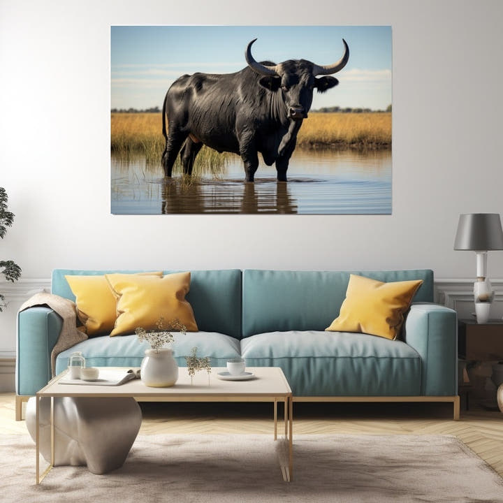 Black Camargue bull standing in marsh water amid golden reeds