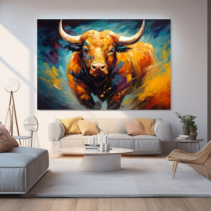 Charging golden bull against swirling teal and orange palette-knife strokes