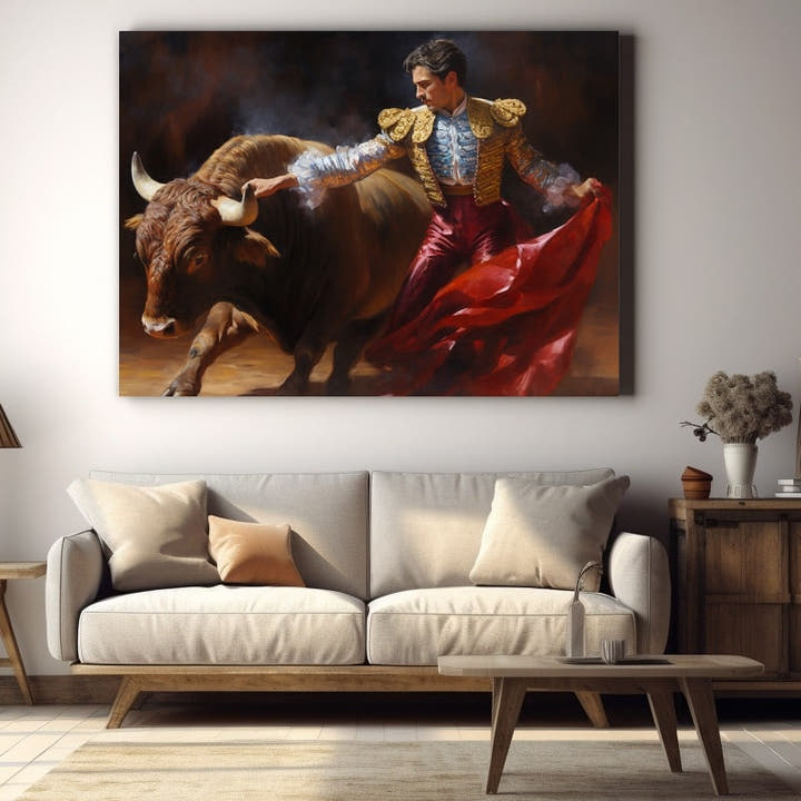 Matador turning with a crimson cape as a brown bull charges past